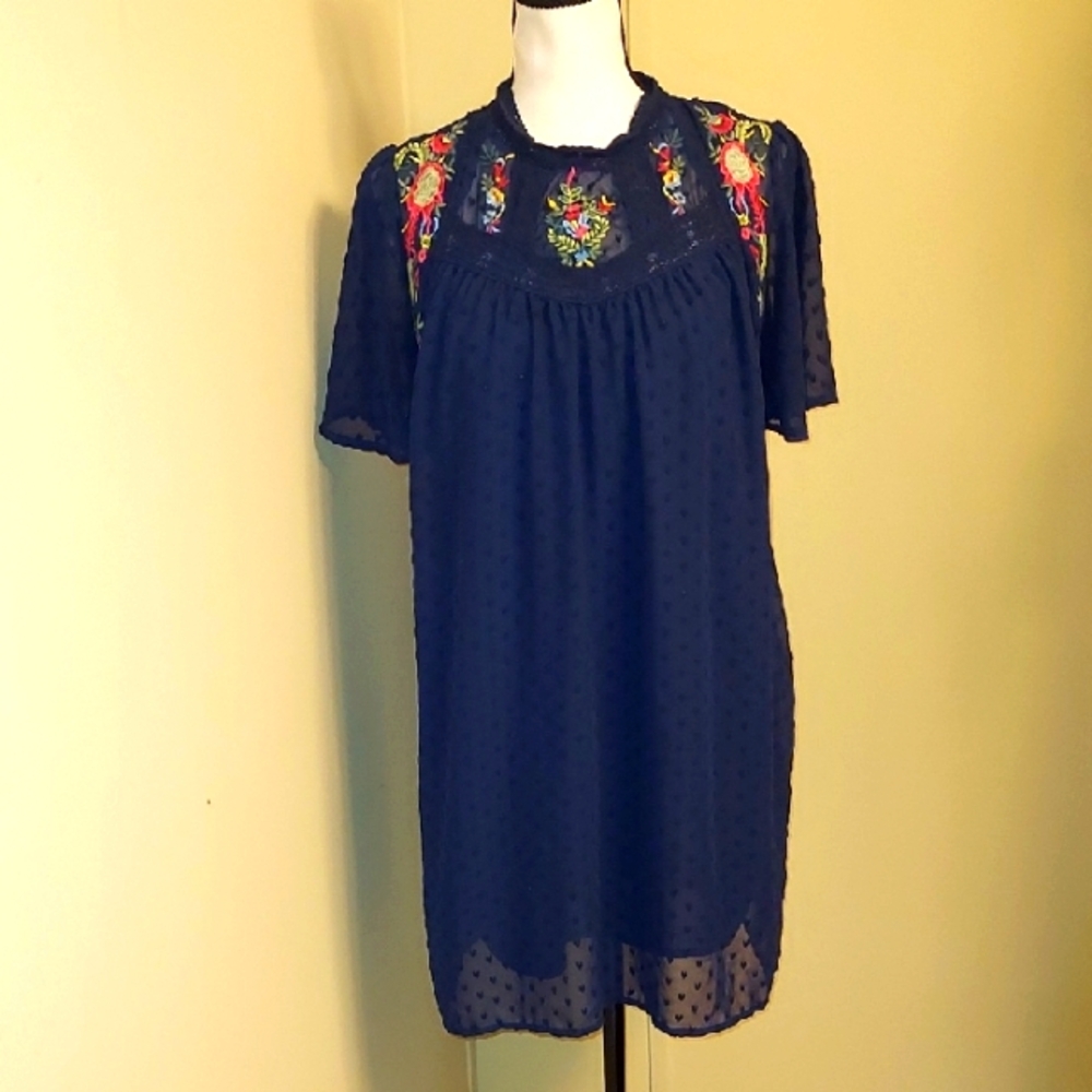 Navy Blue Dress with Floral Embroidery